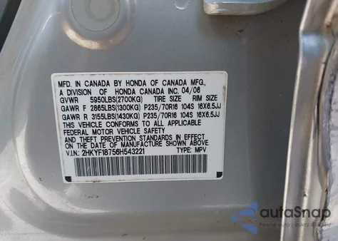 2006 Honda Pilot Ex-L from USA, damaged, VIN 2HKYF18756H543221